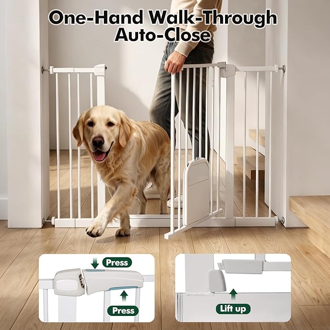 Metal Pet Gate with Cat Door, Adjustable Dog Gate for Doorways & Stairs, Pressure Mounted, Auto-Close, No Tools Needed, 31-46 Inches, White