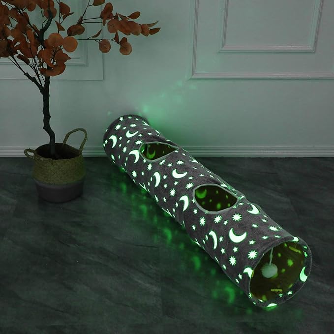 Cat Tunnel Tube with Plush Ball Toys Collapsible Self-Luminous Photoluminescence, for Small Animals Pets Bunny Rabbits, Kittens, Ferrets,Puppy and Dogs Grey Moon Star