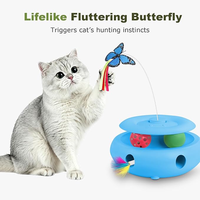 Interactive Cat Toy for Indoor Cats, 3-in-1 Automatic Kitten Toys with Fluttering Butterfly, Ambush Feather and Track Balls, USB Rechargeable Electric Cat Enrichment & Exercise Toy