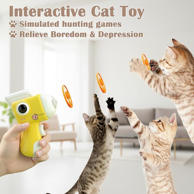 Interactive Cat Toy Fetch Launcher | Includes 8 Soft Discs for Indoor Cats | One-Press Easy Launch Cat Hunting Toy to Relieve Boredom | Ideal for Kittens and Adult Cats, Yellow