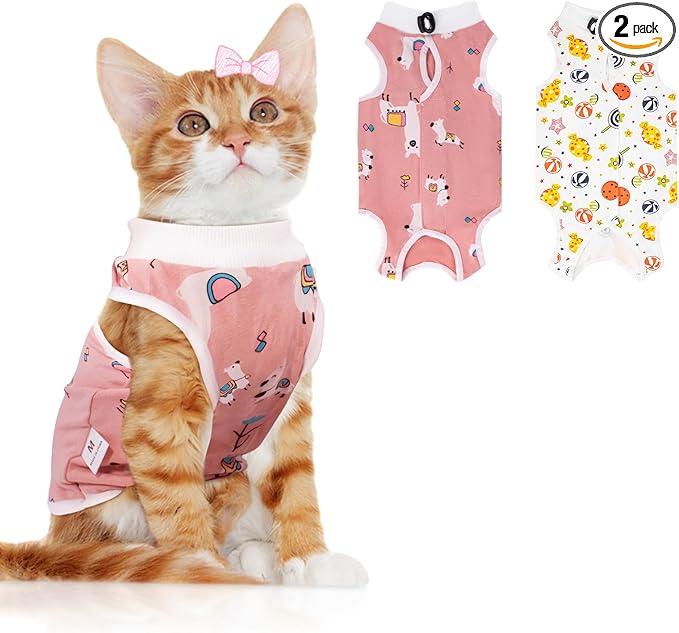 2 PCS Cat Recovery Suit for Spay Abdominal Wounds Cat Onesie for Cats After Surgery Recovery Suit Female Breathable E-Collar Alternative Kitten Onesie Anti Licking Small