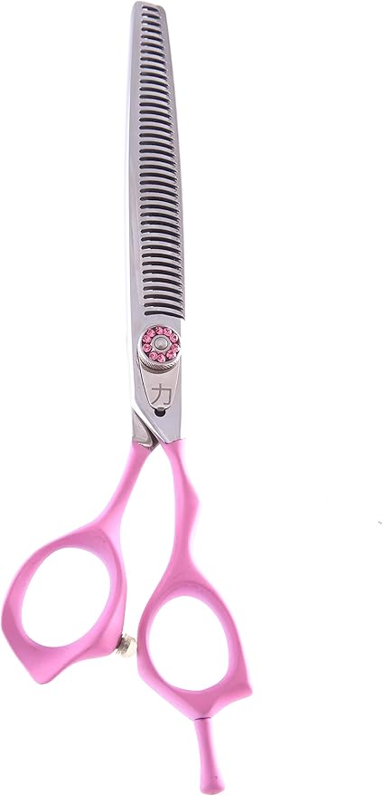 ShearsDirect Japanese 440C 40 Teeth Off Set Handle Design Cutting Shears with Pink Rubber Grip Handle and Adjustable Tension Knob, 7.0-Inch