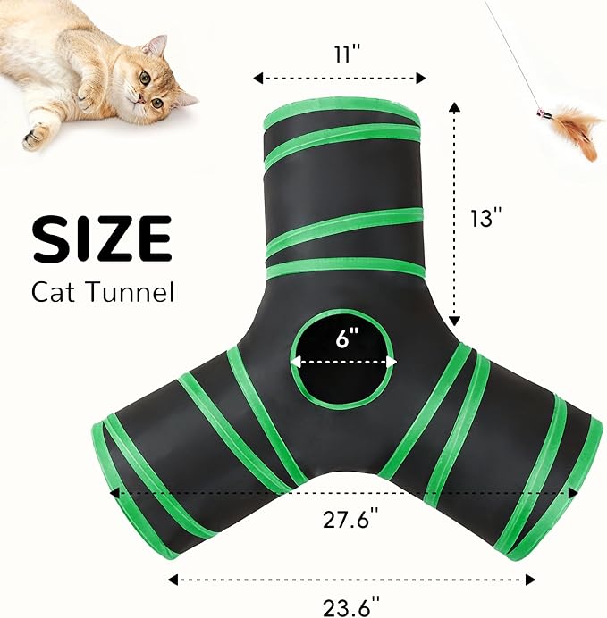 Tempcore Cat Tunnel for Indoor Cats, 3-Way Collapsible Play Tunnel with Teaser Wand, Peek Holes & Toy Ball, Small Pet Toy for Kittens & Rabbits, Black & Green