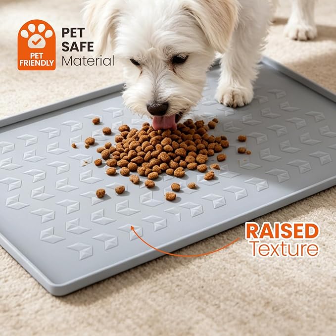 Silicone Pet Feeding Mat - 100% Waterproof Dog & Cat Bowl Pad with Raised Edges - Protects Floors from Messy Eaters & Spills - Anti-Slip, 100% PET-Safe, Dishwasher Safe (Grey 18.5"x11.5")