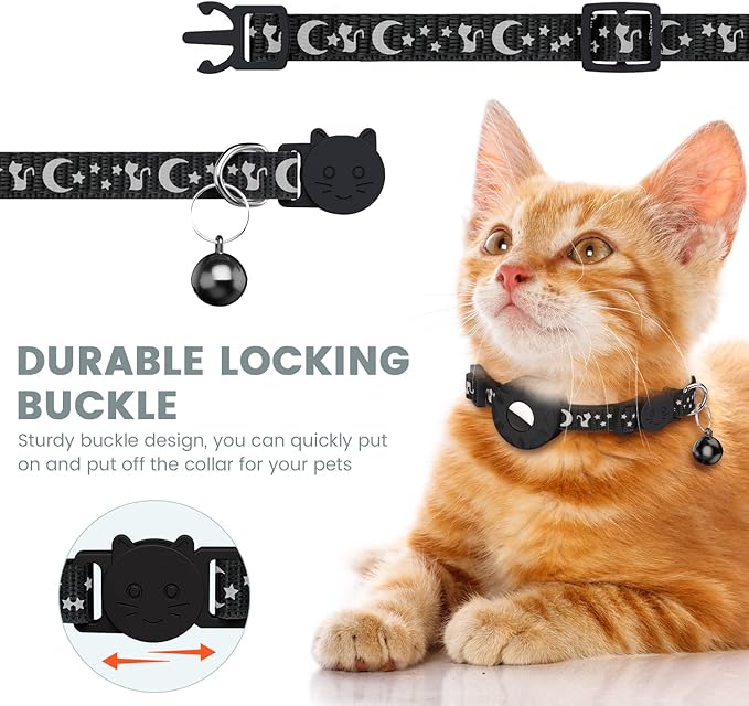 Simket Airtag Cat Collar Breakaway, Cat Collar for AirTag, Refective Kitten Collar with Bell and Apple Air Tag Holder for Girl Boy Cats, 0.4 Inches in Width and Lightweight (Black)