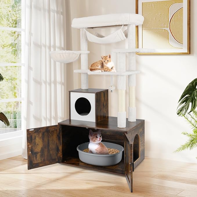 PETSITE Cat Tree with Litter Box Enclosure, Industrial Hidden Litter Box with Cat Tree Tower, Sisal Scratching Posts, Condo, Side Basket Bed, Hammock, Dangling Ball, and Anti-toppling Device