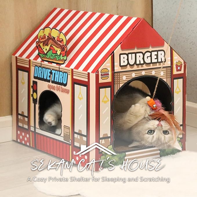 SEKAM Cardboard Cat House with Scratcher/Catnip, (16.5''x12''x15'') Burger Shop for Indoor/Outdoor Cats, Cat Play House&Home Decor, Cat Scratch Toy, Hideout for Bunny&Small Animals