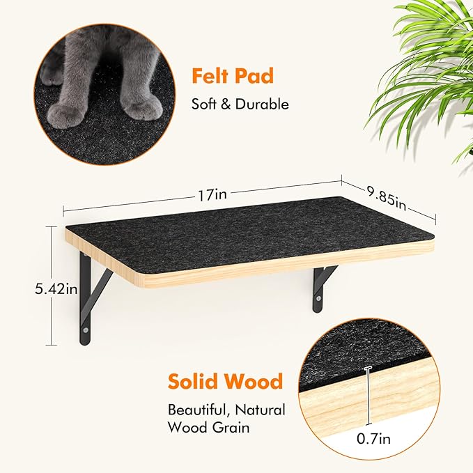 Cat Wall Shelves, 17 x 10 Inch Cat Walls Furniture, Wood Floating Shelf with Upgraded Installation, Kitten Wall Tree for Sleeping, Playing Climbing and Scratching