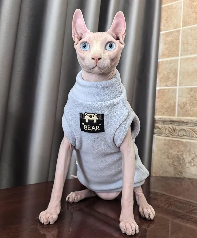 Sphynx Cat Clothes Hairless Cat Warm Fleece Vest Elastic Winter Sweater Outfit, Pet Clothes for Sphynx Cat Coat for Cats and Small Dogs Apparel, Hairless cat Shirts Sweaters (Sky, Small)