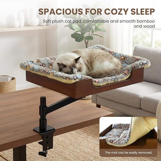 Cat Desk Bed - Classy Bamboo Base Come with Plush Bedding Stable and Sturdy Clamp Can Adjust Height 360° Rotation Have Your Precious Cat Watching While You Study or Work Up to 33 lb Load