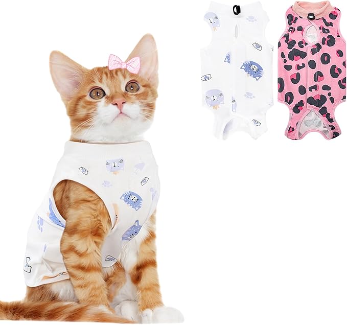 2 PCS Cat Recovery Suit Female Cat Onesie for Cats After Surgery Spay Abdominal Wounds, Kitten Recovery Suit Female Breathable E-Collar Alternative Kitten Onesie Anti Licking Large