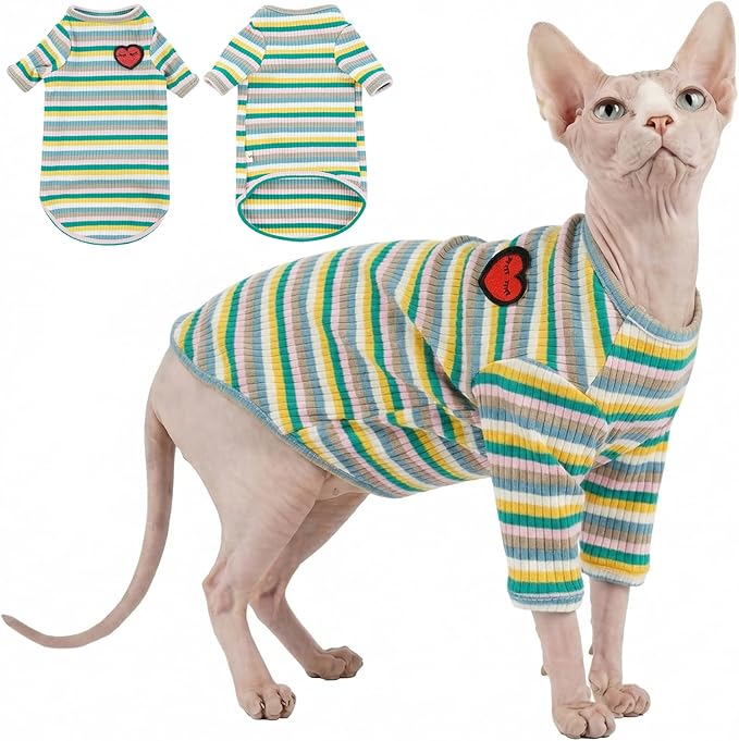 DENTRUN Hairless Cats Shirt Breathable Cat Daily Wear Clothes Stripe Vest Adorable Pajamas Jumpsuit Soft & Skin-Friendly