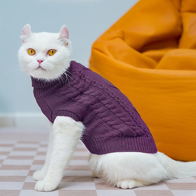 PUPTECK Winter Cat Sweater Coat - Soft Warm Cold Weather Clothes Knitwear for Kittens & Small Dogs Indoor Outdoor Wearing, Knitted Classic for Doggies Kitties Girls Boys, Purple, L