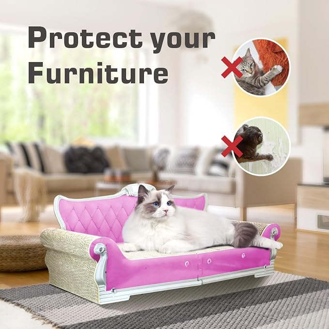 Extra Large Cat Scratcher Sofa Bed - 27.5" Durable Cat Couch & Scratching Board, Ergonomic Cardboard Lounge Furniture for Big Cats, Multi-Cat Households, Reversible Scratch Pad (Pink)