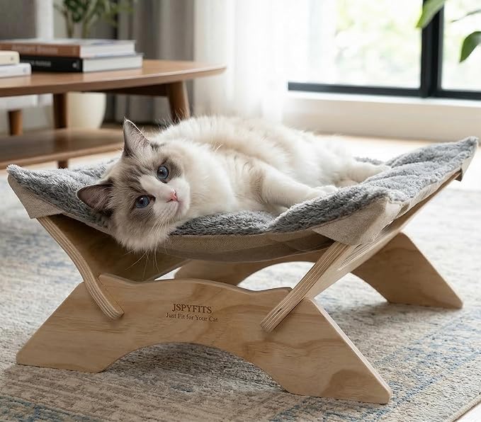 JSPYFITS Elevated Cat Bed Hammock, Raised Orthopedic Dog Bed with Dual-Sided Plush & Linen Cushion, Modern Cat Furniture for Medium to Large Cats, Easy Assembly(Gray)