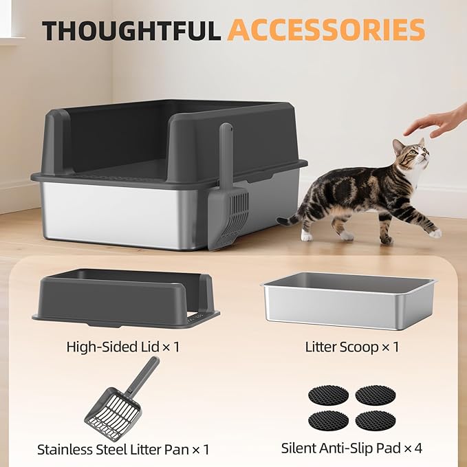 WoofiGo Enclosed Stainless Steel Cat Litter Box with Lid, XL Extra Large Litter Box for Big Cats, Metal Litter Pan High Sided, Never Absorbs Odors, Anti-Urine Leakage, Include Scoop (65-Darkgray)