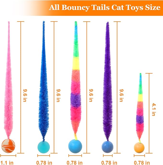 SHENGSEN Mixed Bouncy Ball with Tail Cat Toys-5 Packs,Rainbow Magic Worm with Ball Toy for Cats,Colorful Fuzzy Worm Bouncy Balls Cat Toy