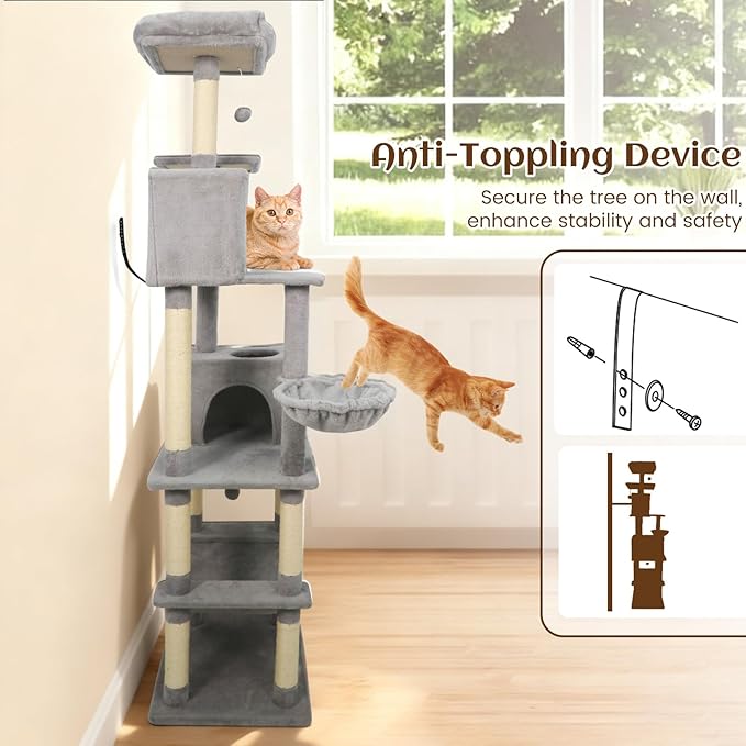 Tangkula 80 Inch Tall Cat Tree, Multi-Level Cat Tower with Sisal Scratching Posts, 2 Condos, Plush Perch, Hammock, Basket, Dangling Toys, Cat Climbing Furniture for Indoor Cats (Light Gray)