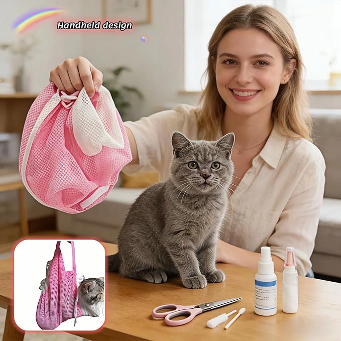 Cat Grooming Restraint Bag with Adjustable Drawstrings, Pink Mesh Bath Bag for Bathing, Nail Trimming, Ear Cleaning, Breathable Polyester with Zipper Design and Handheld Design