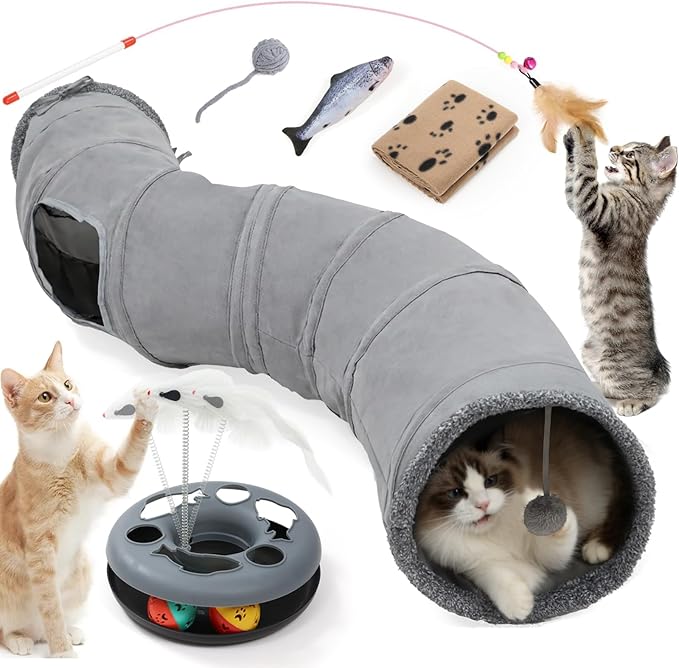 XIAPIA Cat Tunnel for Indoor Cats, 6-in-1 Collapsible Crinkle Play Tunnel with Interactive Roller Track Ball, Cat Enrichment Toys for Kittens Rabbits, Exercise Hide & Seek Tube for Indoor Outdoor Play