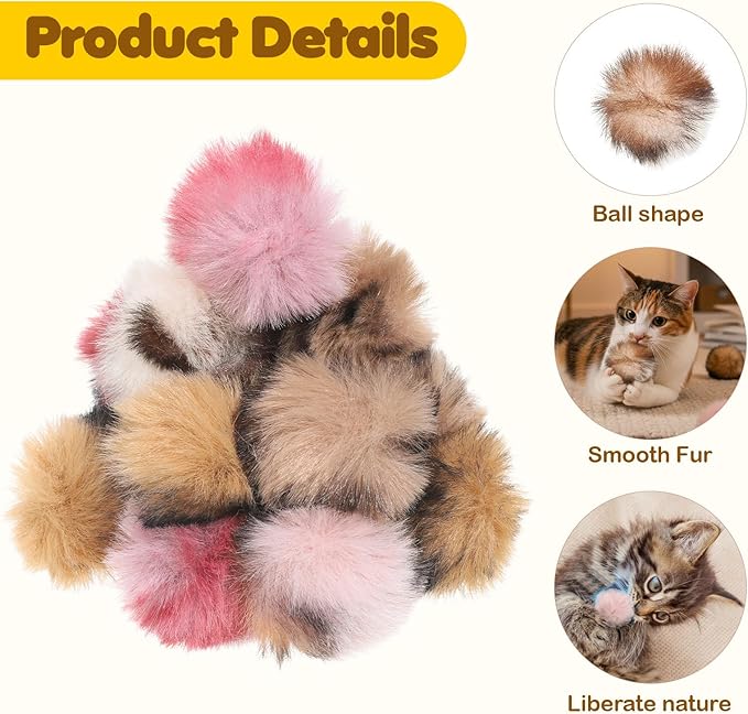 20 PCS Fuzzy Balls for Cats, 1.2 Inch Cat Toy Ball, Soft Fluffy Cat Pom Pom Balls, Artificial Faux Fur Puff Ball for Kitten Interactive Playing Exercising Chasing Indoor