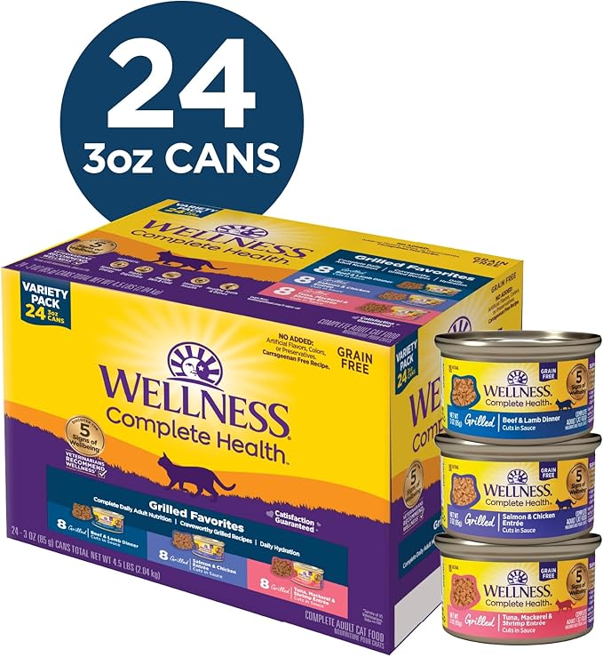 Wellness Complete Health Grilled Favorites Variety Pack Adult Canned Wet Cat Food, Natural, Protein Rich, Grain Free, 3 oz, Pack of 24 Cans