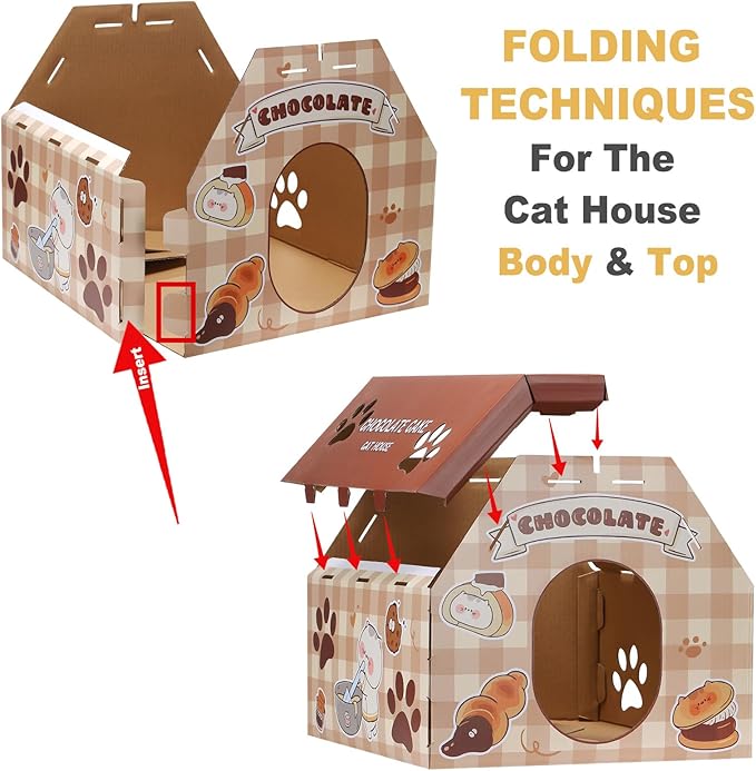 Cardboard Cat House with Scratcher – Red Sushi Design, 14''H x 18''L x 15.5''W, Sturdy Cat Playhouse for Indoor Cats up to 20 lbs, Fun Cat Hideout & Scratch Toy