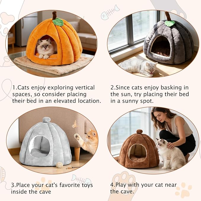 Cat Bed for Indoor Cats - Adorable Cozy Cat Cave with Removable Cushion, Super Soft Pet House Tent for Kittens & Small Pets, Warm & Washable Non-Slip Design(M 17.7 inch, Light Gray)