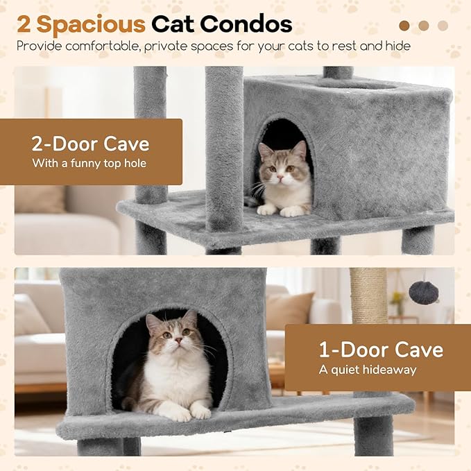 DORTALA 75" Tall Modern Cat Tree, Multi-Level Cat Tower with Large Condos, Sisal Scratching Posts, Top Perch, Hammock, Dangling Balls, Kitten Beds & Climbing Furniture for Indoor Cats (Light Grey)