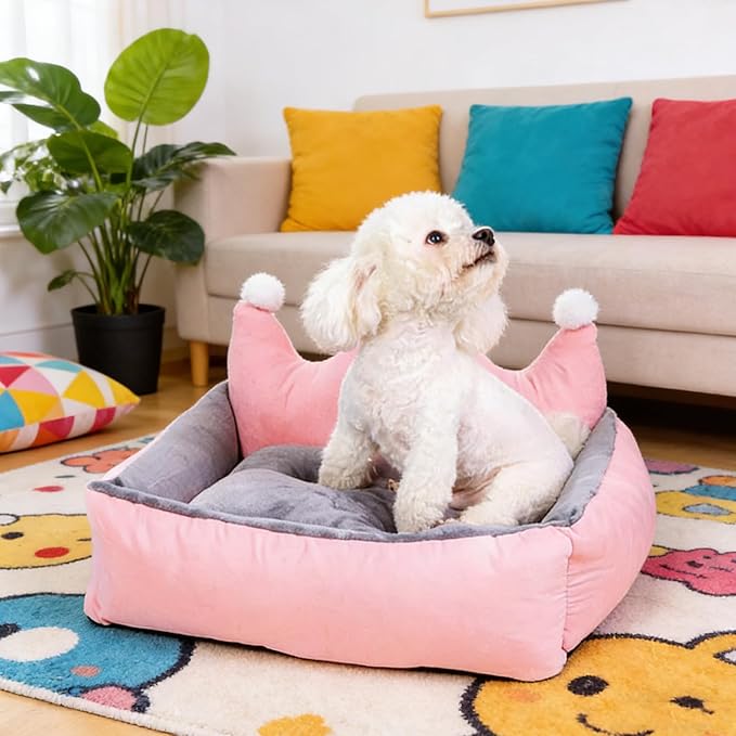 Cute Crown Pet Beds for Dogs Cat,Fashionable Luxurious Crown Cat Princess Beds Winter Warm Puppy Cat Sofa Bed Soft Upholstered Plush Sofa,Durable Washable Anti-Slip Dog Beds (Pink, S-Below 4.0kg)