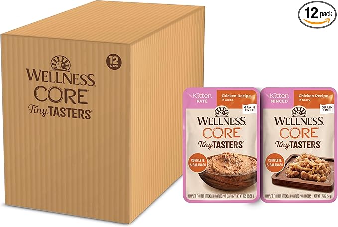 Wellness CORE Tiny Tasters Minced and Pate Variety Pack Kitten Wet Cat Food, Natural, Protein Rich, Grain Free, Chicken Recipes, 1.75 oz, Pack of 12 Pouches