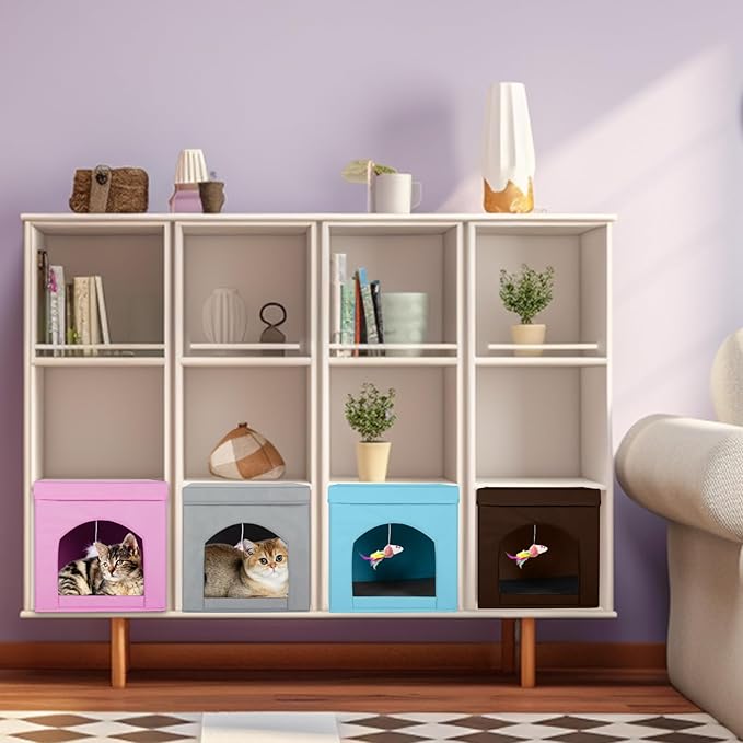 ShellKingdom Collapsible Cat House, Foldable Kitty Cat Cube and Cat Cave with Bed, Cat Stool Condo for Indoor Cats Gifts, 13 x 13 x 13 inches (Pink)
