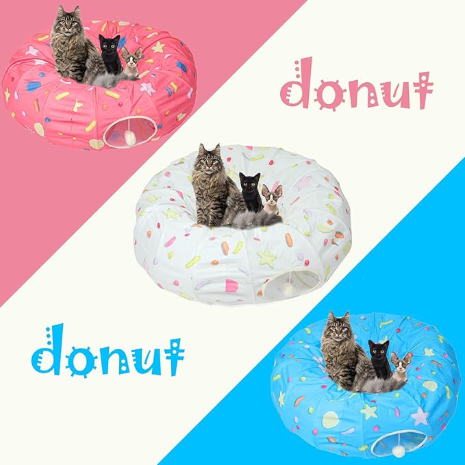 Large Cat Donut Tunnel, Big Cat Tunnel Bed,Fluffy Toy Balls, Small Cushion and Flexible Design- 12 inch Diameter, Great for Small Dogs,Pink