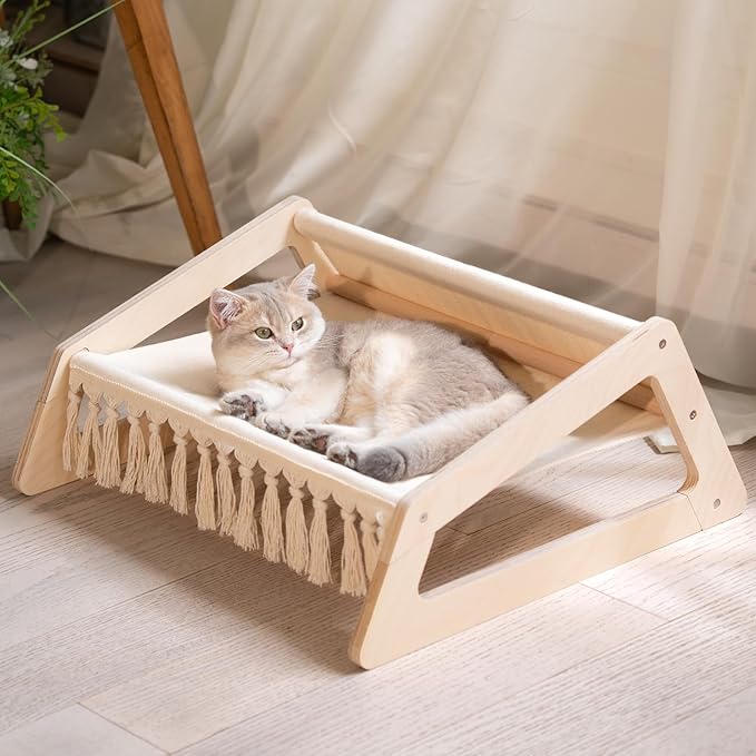 CHEERHOME PETS Cat Hammock Bed with Removable Washable Cover, Pet Couch Sofa for Indoor Cats Elevated Kitty Lounge Chair Suitable for Puppy, Wooden Cat Furniture(Large)