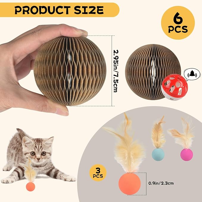 6 PCS Cardboard Cat Ball Toy with Bell & 3 PCS Cat Feather Ball Toy, Tear-resistant Interactive Cat Toy Set for Indoor Outdoor Playing Chewing Training Chasing and Exercise for Cats Stress Relief