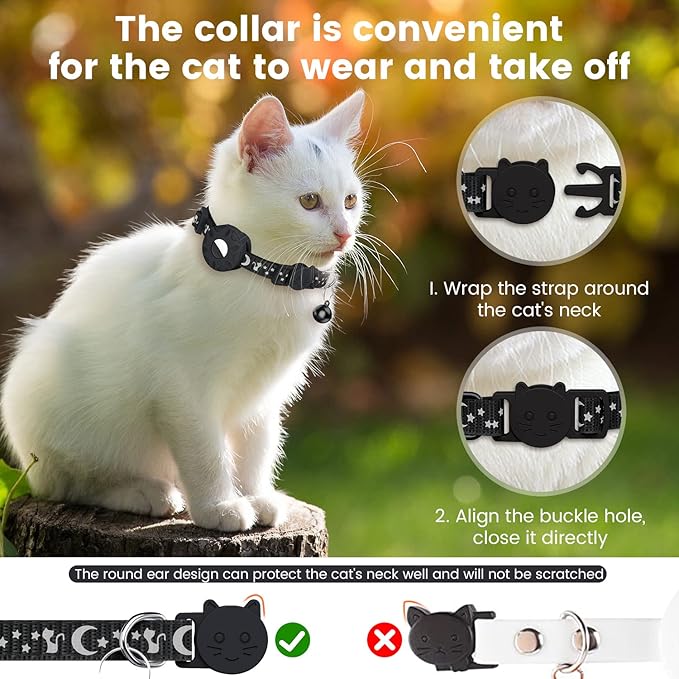 Simket Airtag Cat Collar Breakaway, Cat Collar for AirTag, Refective Kitten Collar with Bell and Apple Air Tag Holder for Girl Boy Cats, 0.4 Inches in Width and Lightweight (Black)