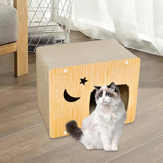 Cat Scratcher House Cat Scratching Board, Wear Resistant Corrugated Paper Grinding Claw Cat Nest Bed Hideout for Indoor Cats Kitten Play, Light Brown, M