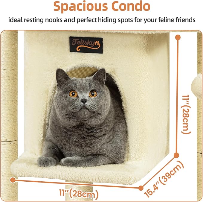 Cat Tree Tower Scratching Post for Indoor Large Cats, Small Cat Tree with Big Perch Bed, 28in Tall Trees House with Condo Cave, Toy Balls, Modern Climbing Furniture Platform for Kitten (Beige)