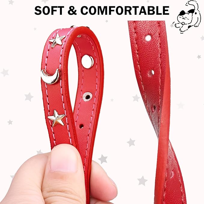 Leather Cat Collars for Boy Girl Cats with Bell and Safety Elastic Belt, Personalized Star and Moon Stud Adjustable Safe Buckle Collar for Kitty Small Big Cats Size 7-9 Inch, Red
