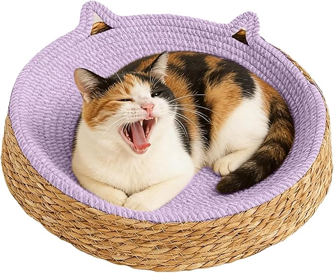Woven Cat Scratch Bowl - Cotton Rope Round Cat Bed, Kitten Ear Design Scratching Board, Durable Claw Grinding Lounge Toy,