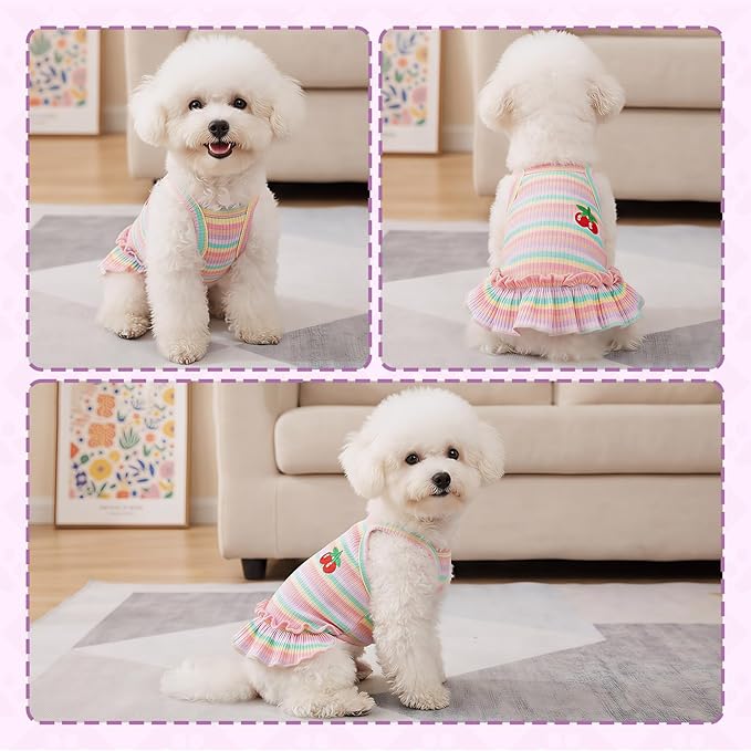 Jmkcoz Cute Striped Dog T Shirts Cherry Puppy Dress Soft Cotton Pet Sleeveless Vest Clothes Spring Summer Pet Outfits for Small Dogs Cats Girl (Pink, Large)