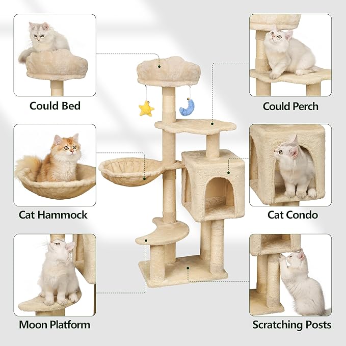 Meecal 43-Inch Cat Tree,Cute Cloud Cat Tree for Kittens & Small Cats Under 6 Months 9lbs, Cat Tower with Scratching Post, Double Condos, Plush Hammock & Dangling Toys, Beige