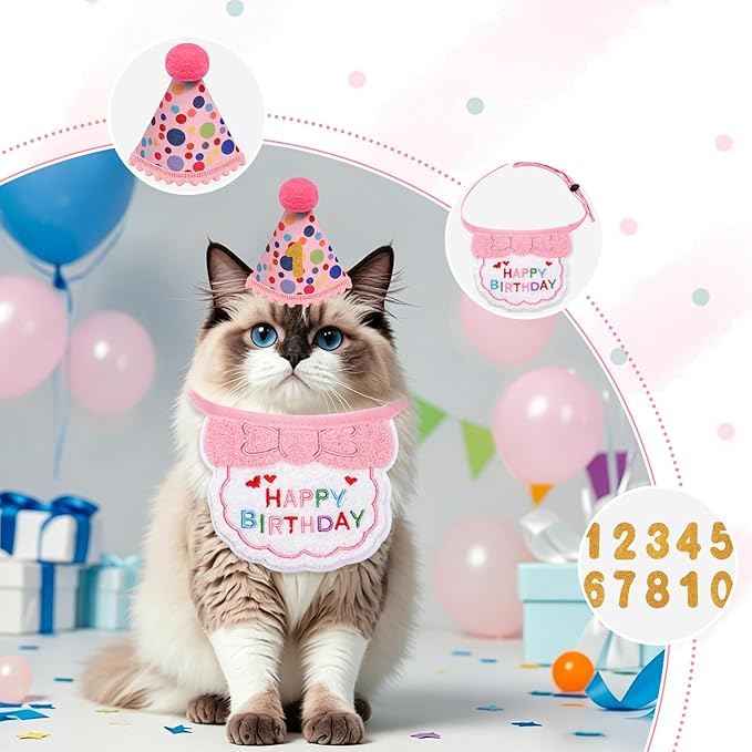 Pink Cat Birthday Hats for Cats with Number Bandana Pet Kitten Birthday Party Supplies Cats Decorations Outfits for Kittens Small Dogs