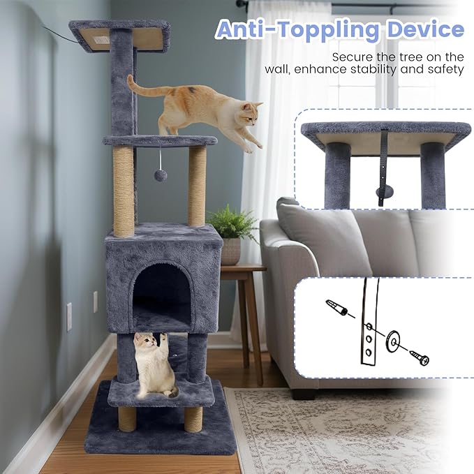 Tangkula 64 Inch Tall Cat Tree, Multi-Level Cat Tower with 2 Large Condos, Jute Scratching Posts, Plush Top Perch, Dangling Toys, Cat Climbing Furniture for Indoor Adult Cats & Kittens (Dark Gray)