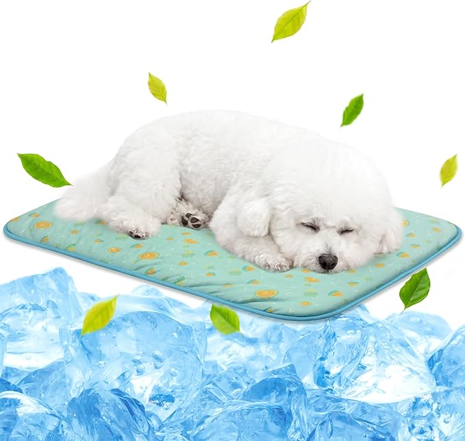 NWK Pet Cooling Mat -Q-Max>0.345 Ice Silk Cooling Mat for Dogs & Cats Portable & Washable Pet Cooling Blanket, Car Seats, Beds for Summer (Green Fruit, 27'' X 20'' X 0.3'')