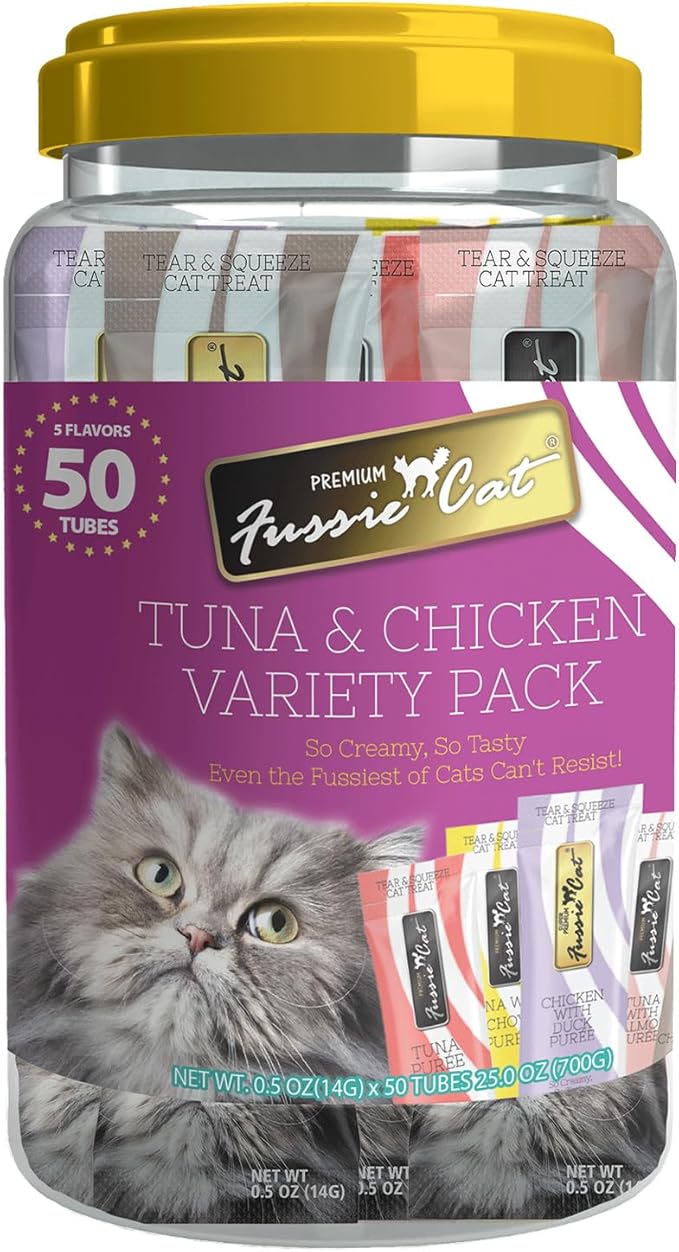 Fussie Cat, 0.5 Ounces Each, 50 Tubes, Tuna & Chicken Variety 5 Flavors