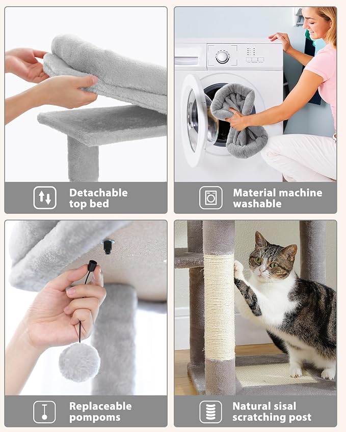 MUTTROS 59" Cat Tree, Tall Cat Tower for Large Cat, Multi-Level Tower with 3 Removable Pompom Sticks, Cat Tree for Indoor Cats, Condo with Large Hammock, Scratching Post, and 2 Perches, Grey