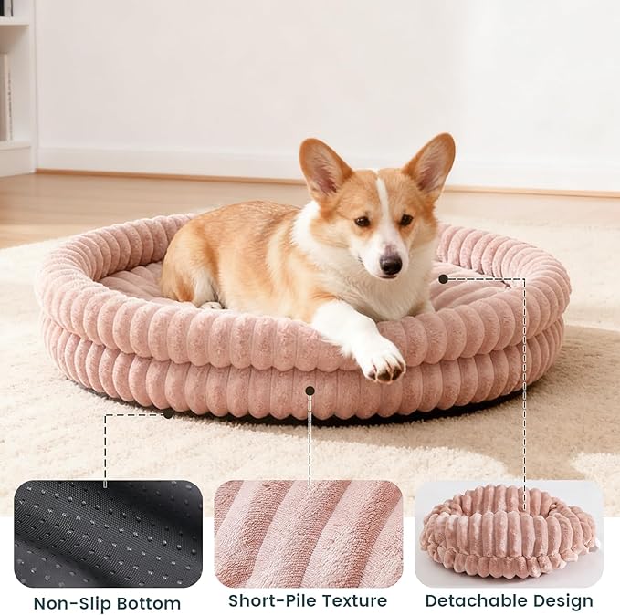 Small Dog Beds, Machine Washable Donut Cat Beds for Indoor Cats, Fluffy Warm Thermal Round Pet Bed with Anti-Slip Bottom for Puppy and Kitten, Dark Pink, 28"x28"x5"