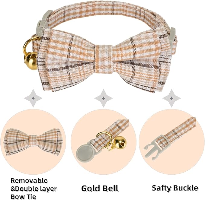 2 Pack Cotton Cat Collar, Removable Bowtie, Plaid Pattern, Safety Breakaway Clasp, Adjustable for Cats.(Adult Cat, Beige and Red)
