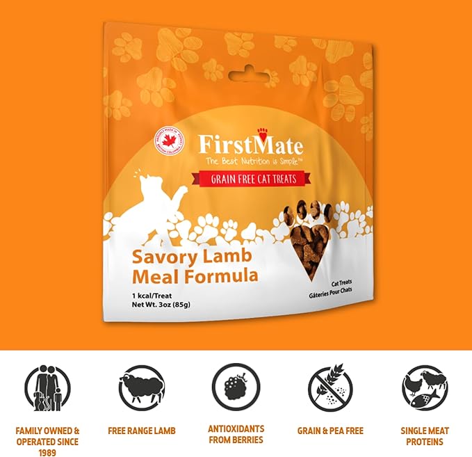 FirstMate Savory Lamb Formula Cat Treats – Grain Free, High Protein, Limited Ingredient, Low Calorie Training Reward – 3 oz Bag